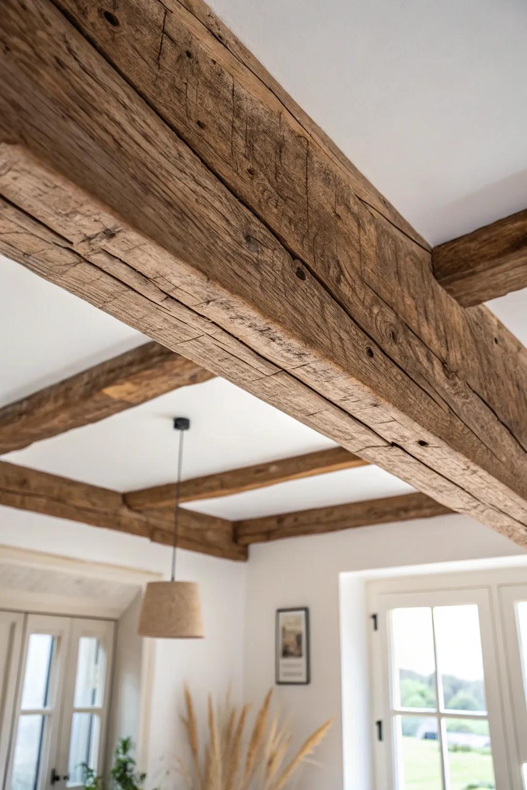 Reclaimed wood beams add instant warmth—like a cozy, story-filled backbone for your ceiling.