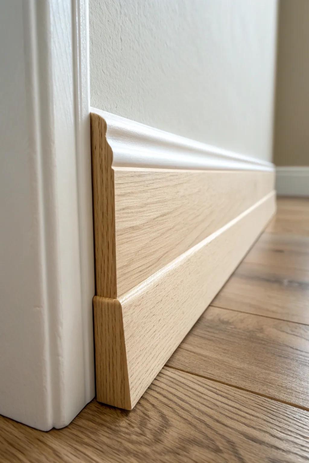 Simple flat-stock baseboards: clean lines, warm wood grain, and a crisp farmhouse finish.