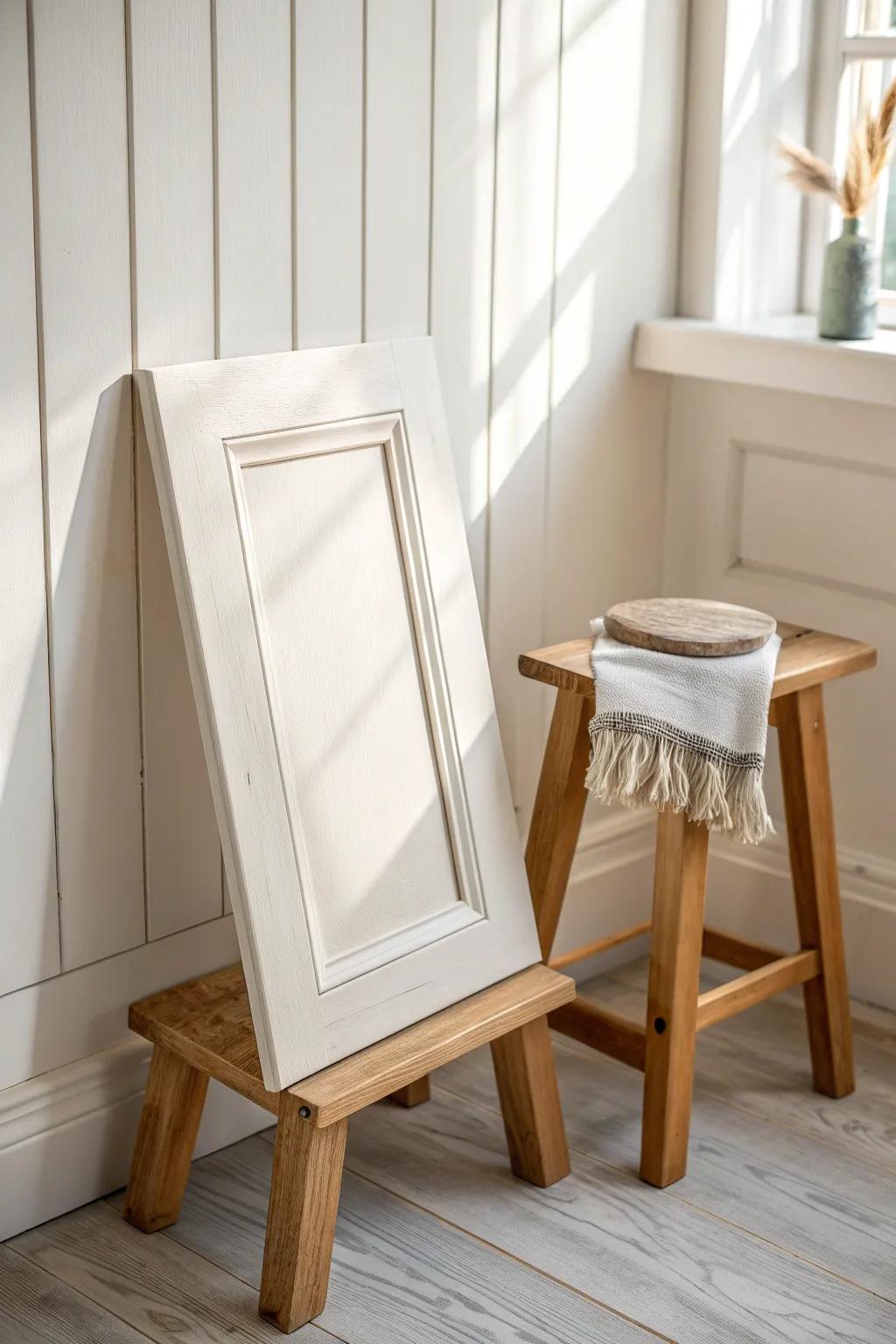Warm white paint + light oak = instant airy farmhouse bathroom vibes on a budget.