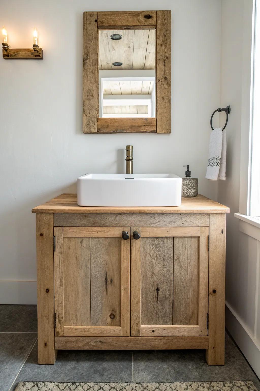 Reclaimed wood vanity + crisp white basin: effortless farmhouse contrast with artisan charm.