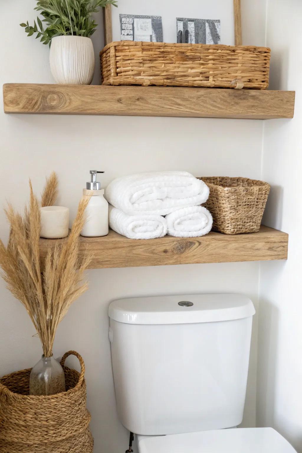 Chunky oak floating shelves add instant over-toilet storage with baskets and pretty towels.