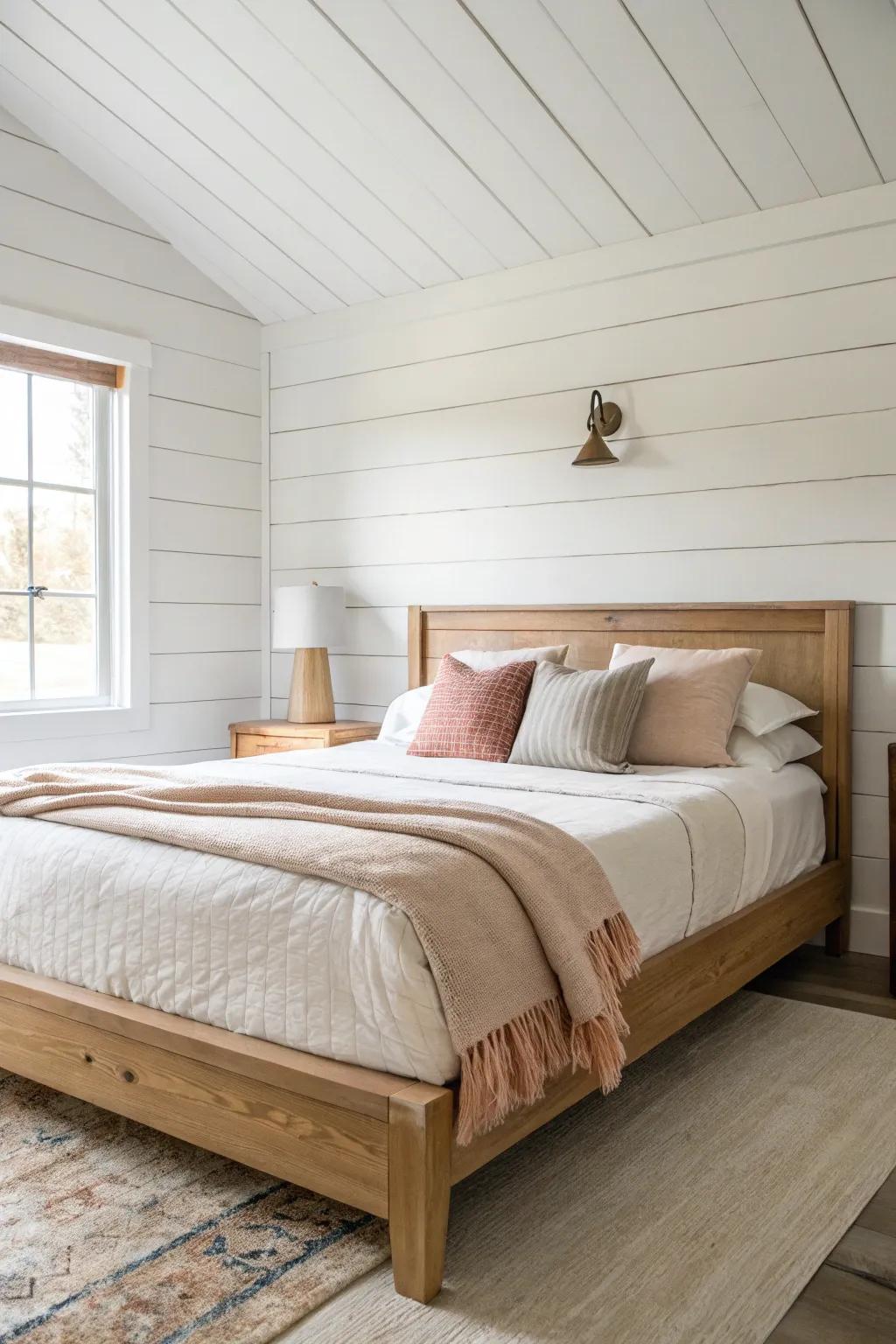 DIY warm-white shiplap accent wall—budget-friendly farmhouse charm that elevates any bed.