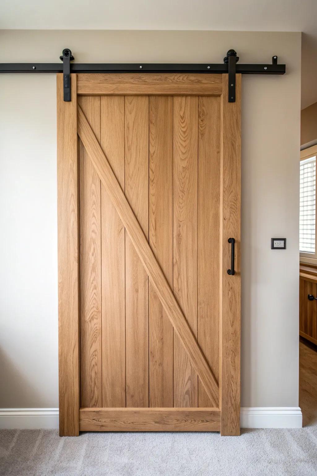 Classic sliding barn closet door—warm wood planks and bold black hardware for farmhouse charm.
