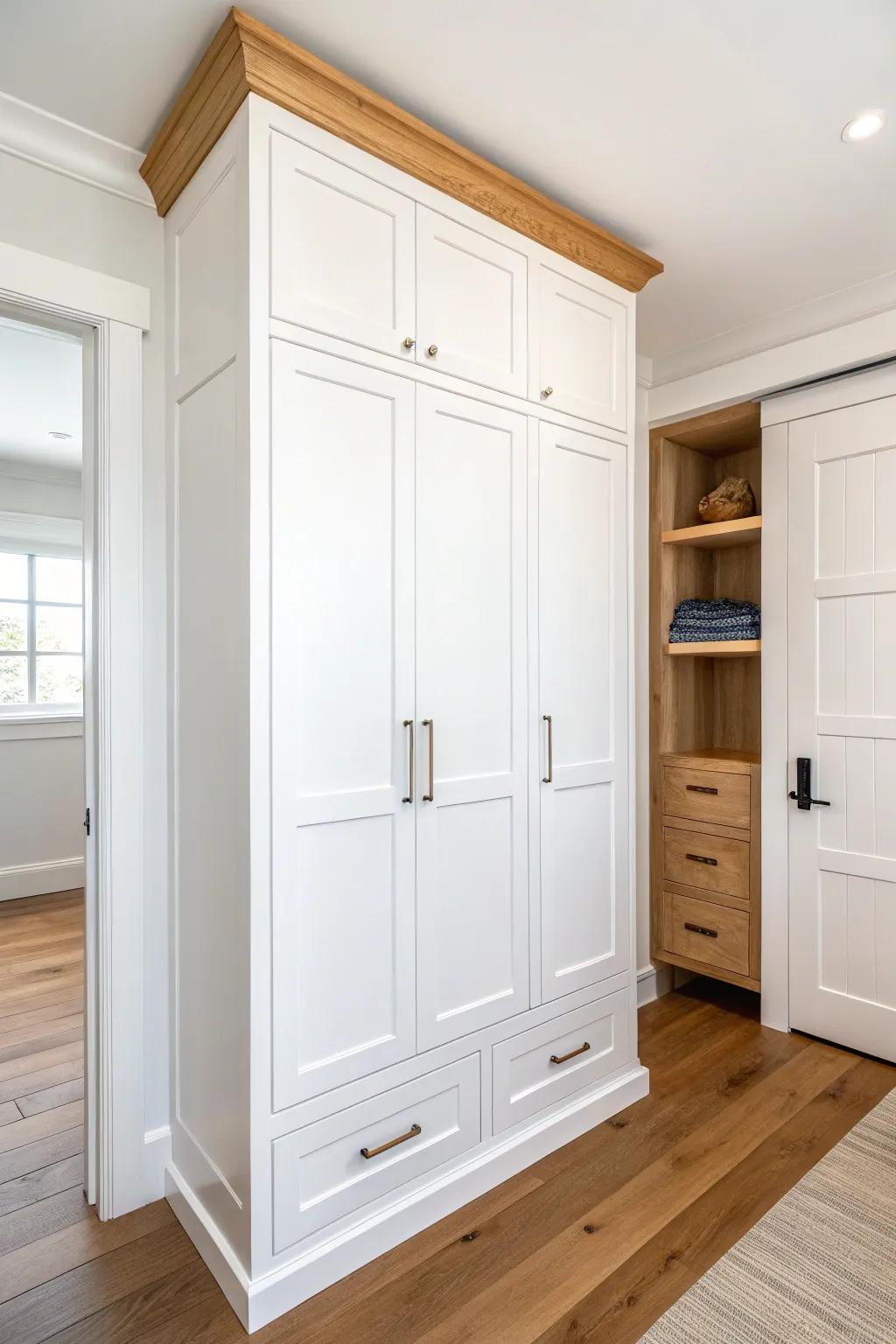 Crisp white built-ins + warm oak shelves—simple contrast that instantly feels farmhouse and custom.