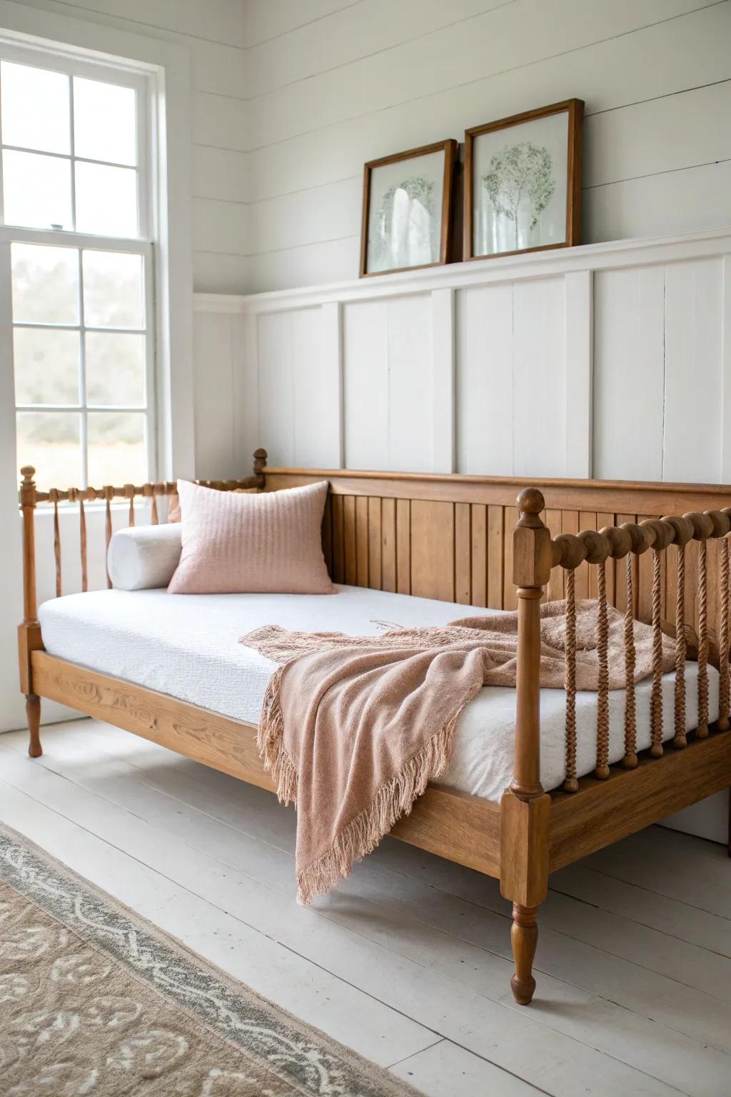 Classic spindle-back daybed in warm wood—timeless farmhouse charm with airy Scandinavian calm.