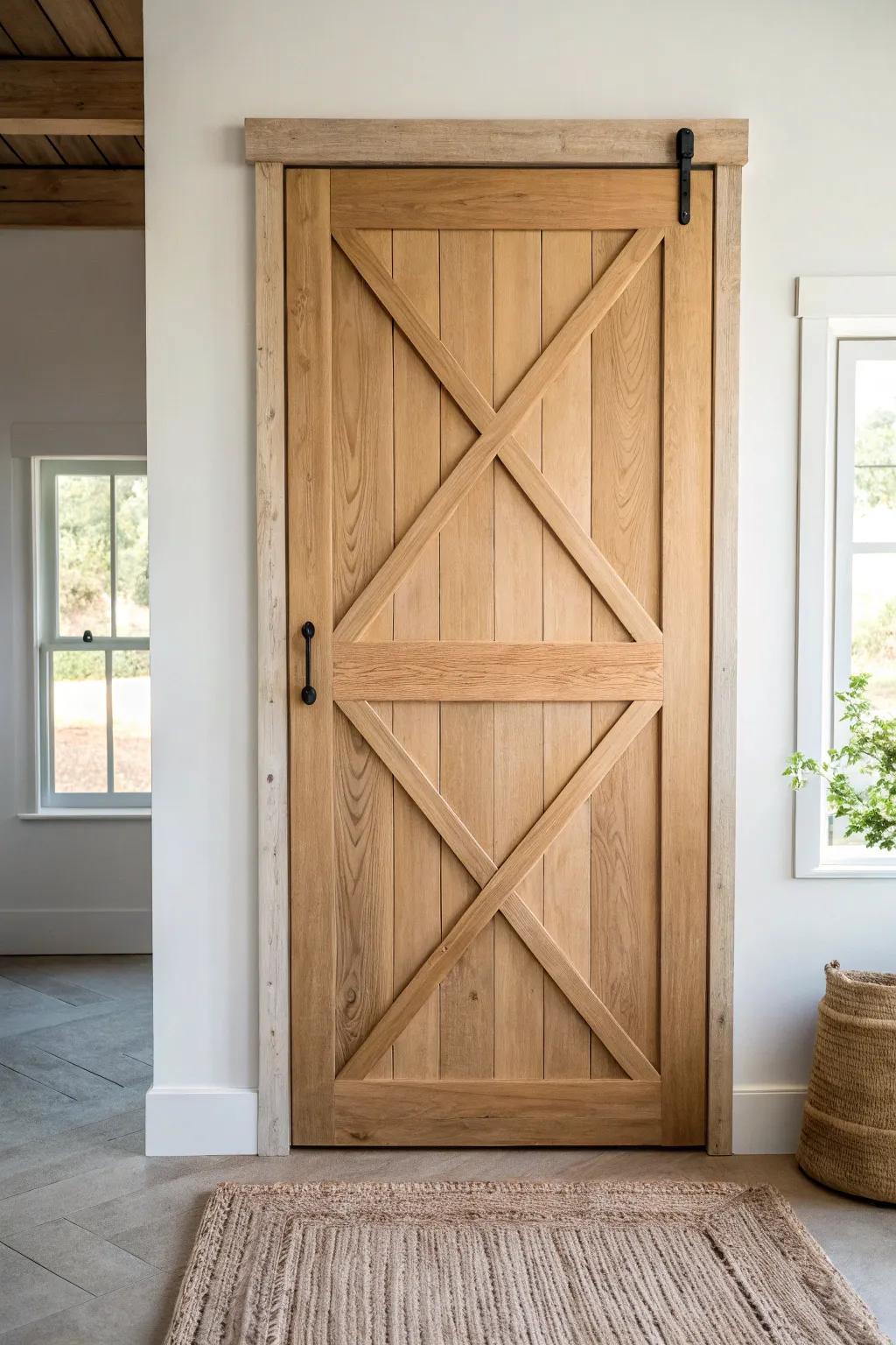Timeless X-brace farmhouse door—chunky braces, clean lines, and warm natural wood grain.