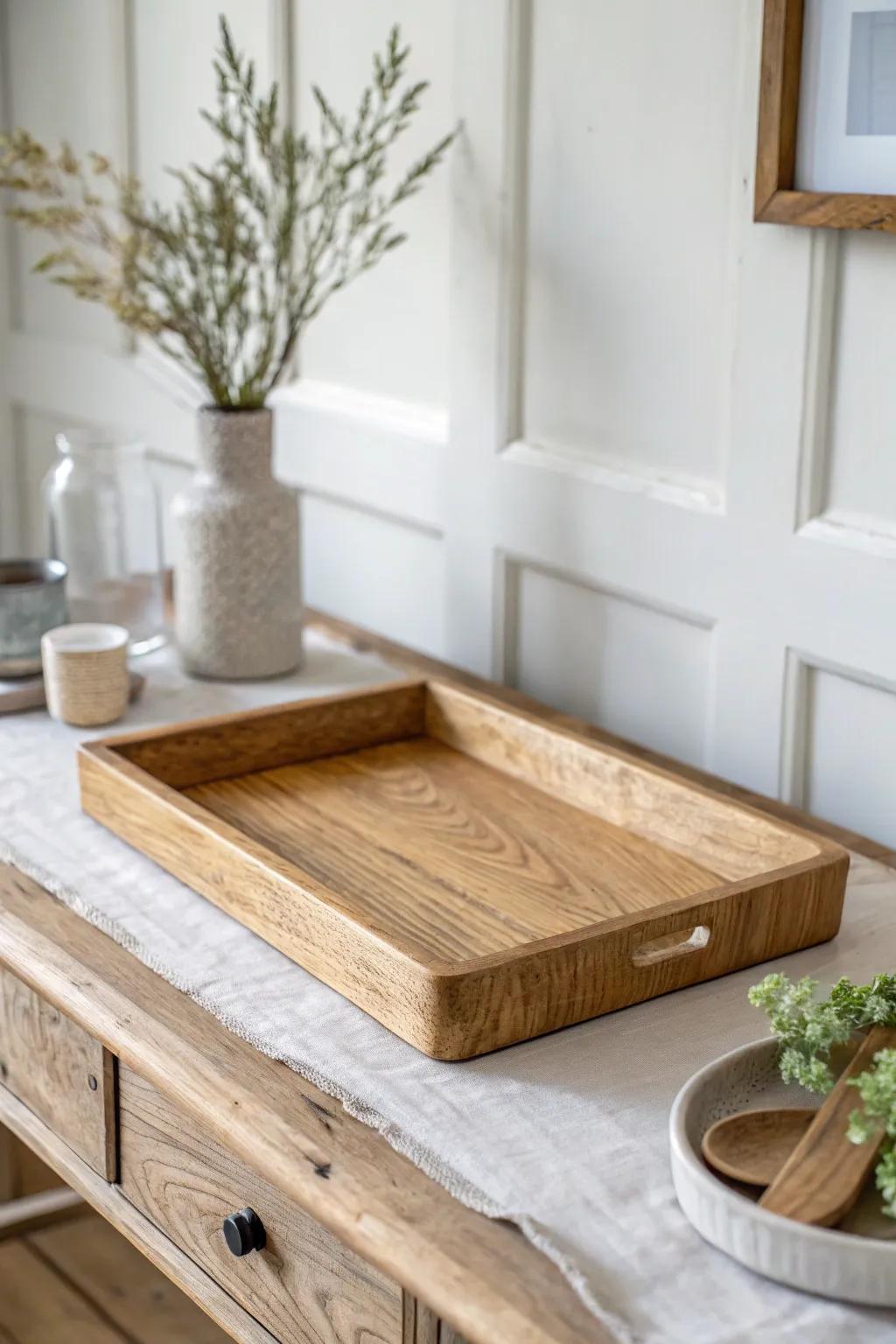 A simple waxed wood tray that makes everyday entryway essentials feel calm and intentional.