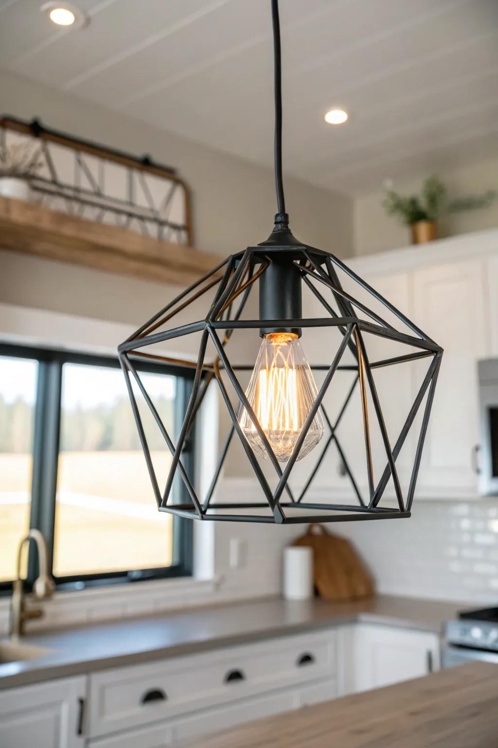 Matte black open-cage pendant adds modern farmhouse contrast above a pale wood island.