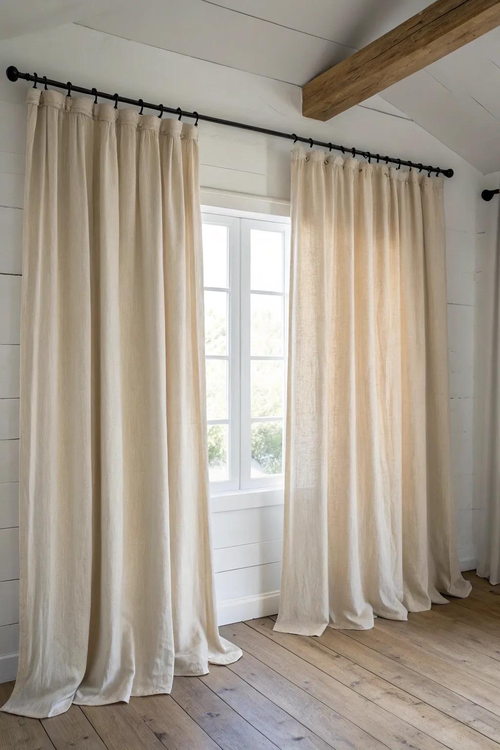 Neutral linen panels in warm ivory—floor-to-ceiling softness that elevates wood-filled rooms.