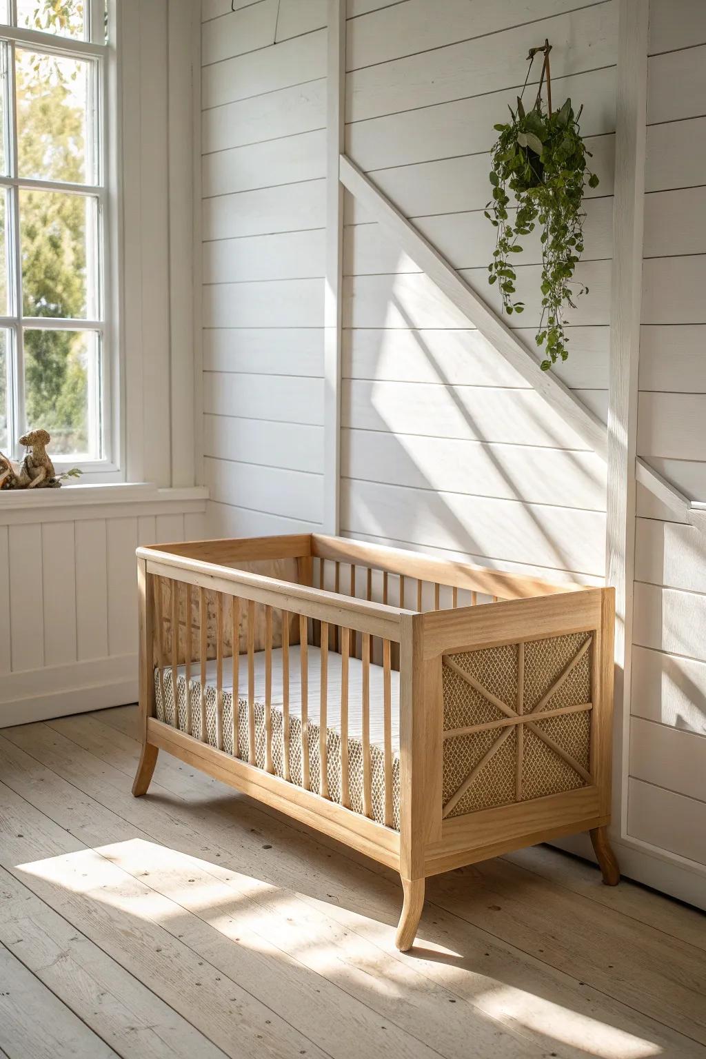 Creamy white shiplap behind a pale oak crib—an instant farmhouse nursery focal point.