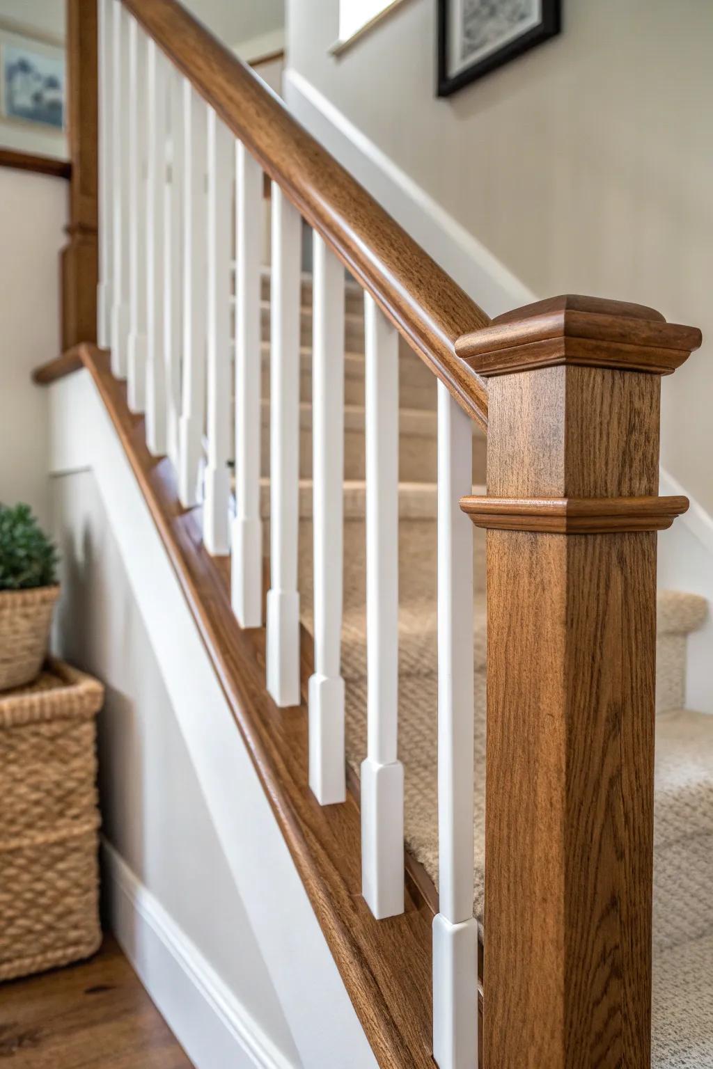 Bright white spindles with a warm stained rail—timeless farmhouse contrast that hides daily wear.