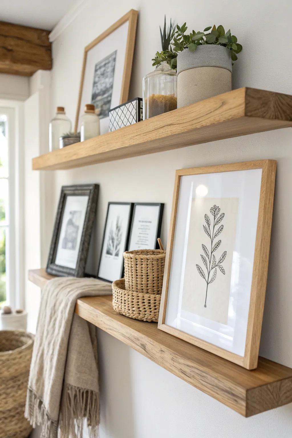 Layered oak frames in creamy neutrals add depth, warmth, and effortless farmhouse shelf charm.