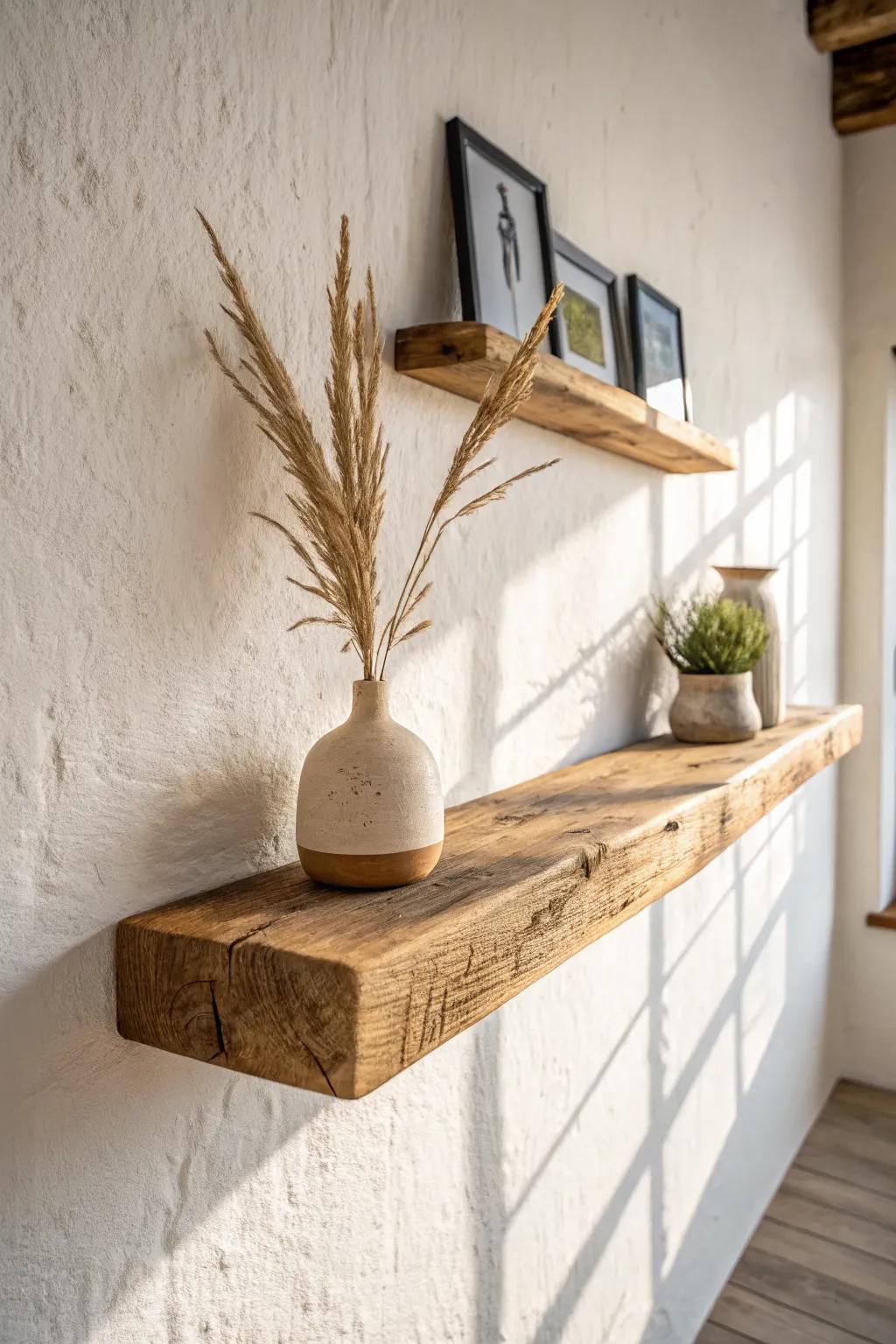 Chunky reclaimed-wood floating shelf with imperfect edges—simple, warm, and effortlessly farmhouse.