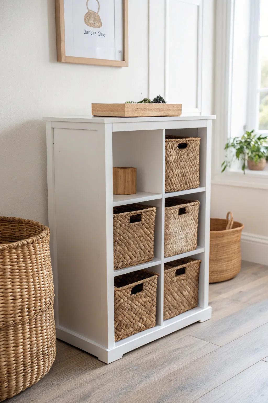 White cube shelf + woven baskets: the easiest farmhouse way to hide toy clutter beautifully.