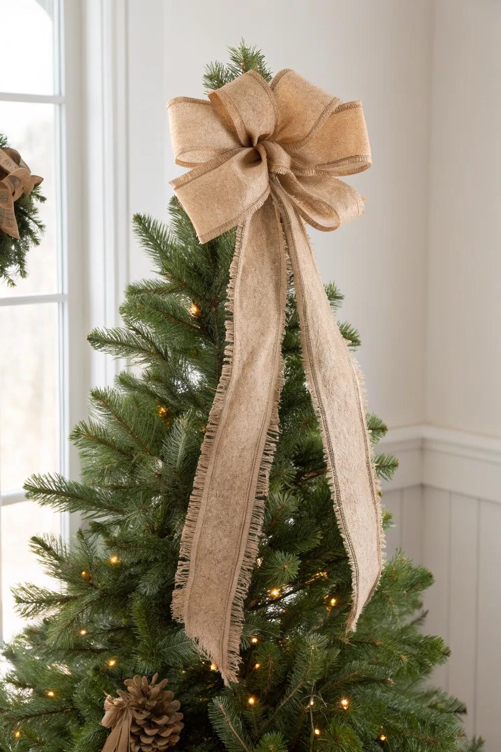 Rustic burlap bow topper with long frayed tails—simple farmhouse charm with a soft, undone look.