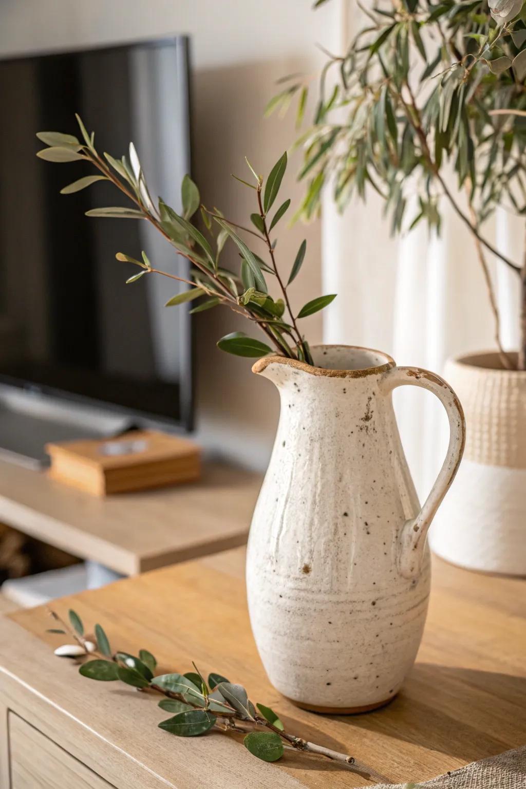 A simple white crock with olive stems instantly softens your farmhouse TV stand.