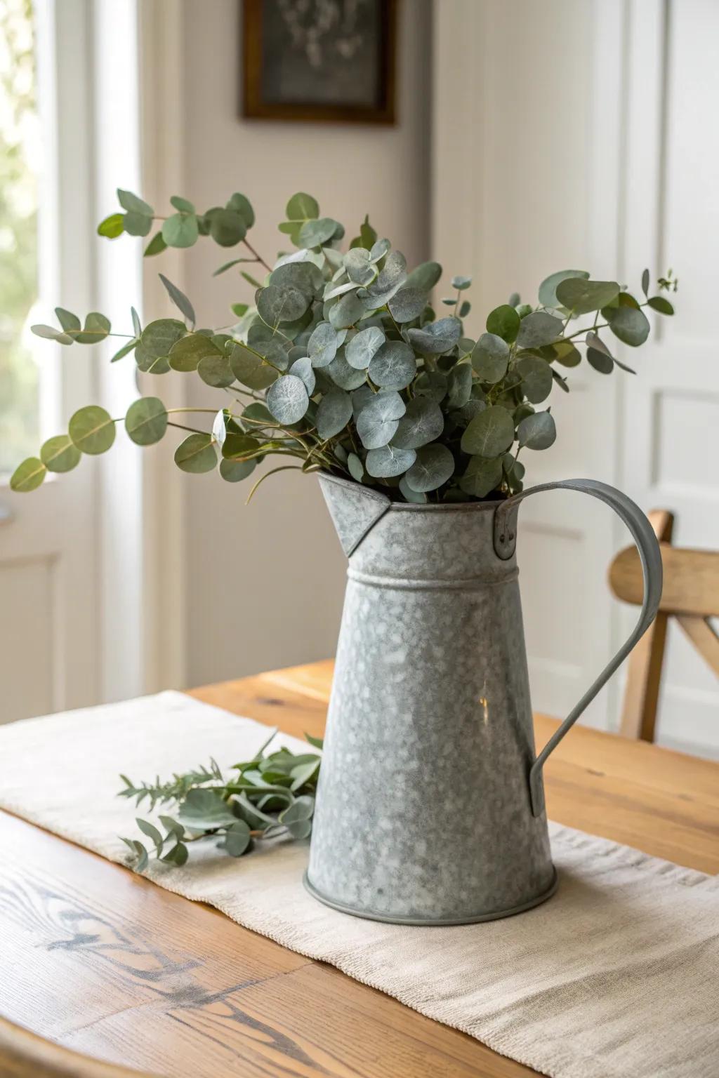Galvanized pitcher + draping eucalyptus: an effortless farmhouse centerpiece with modern calm.