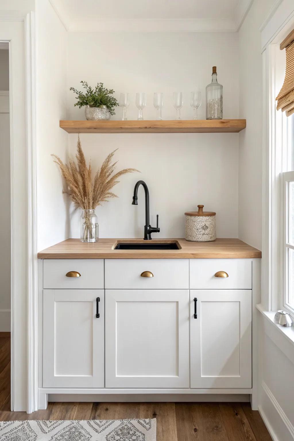 Built-in wet bar nook with crisp white cabinets and warm wood accents for a custom farmhouse look.