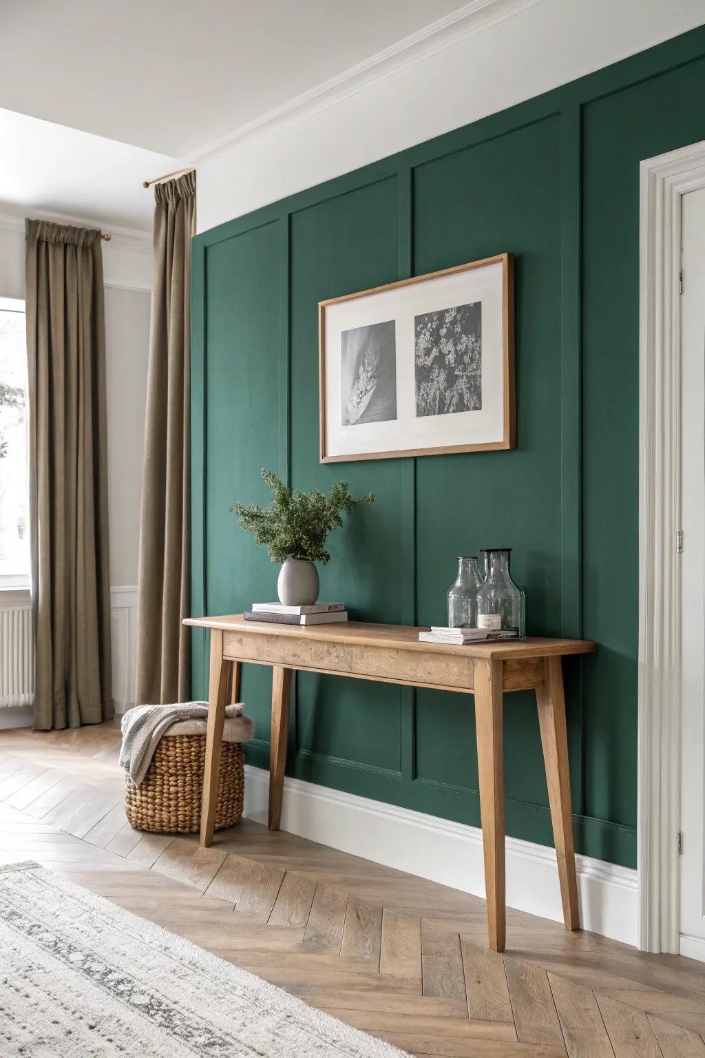 Bold color‑block feature wall + handcrafted oak console: a fast, clean win with warm contrast.