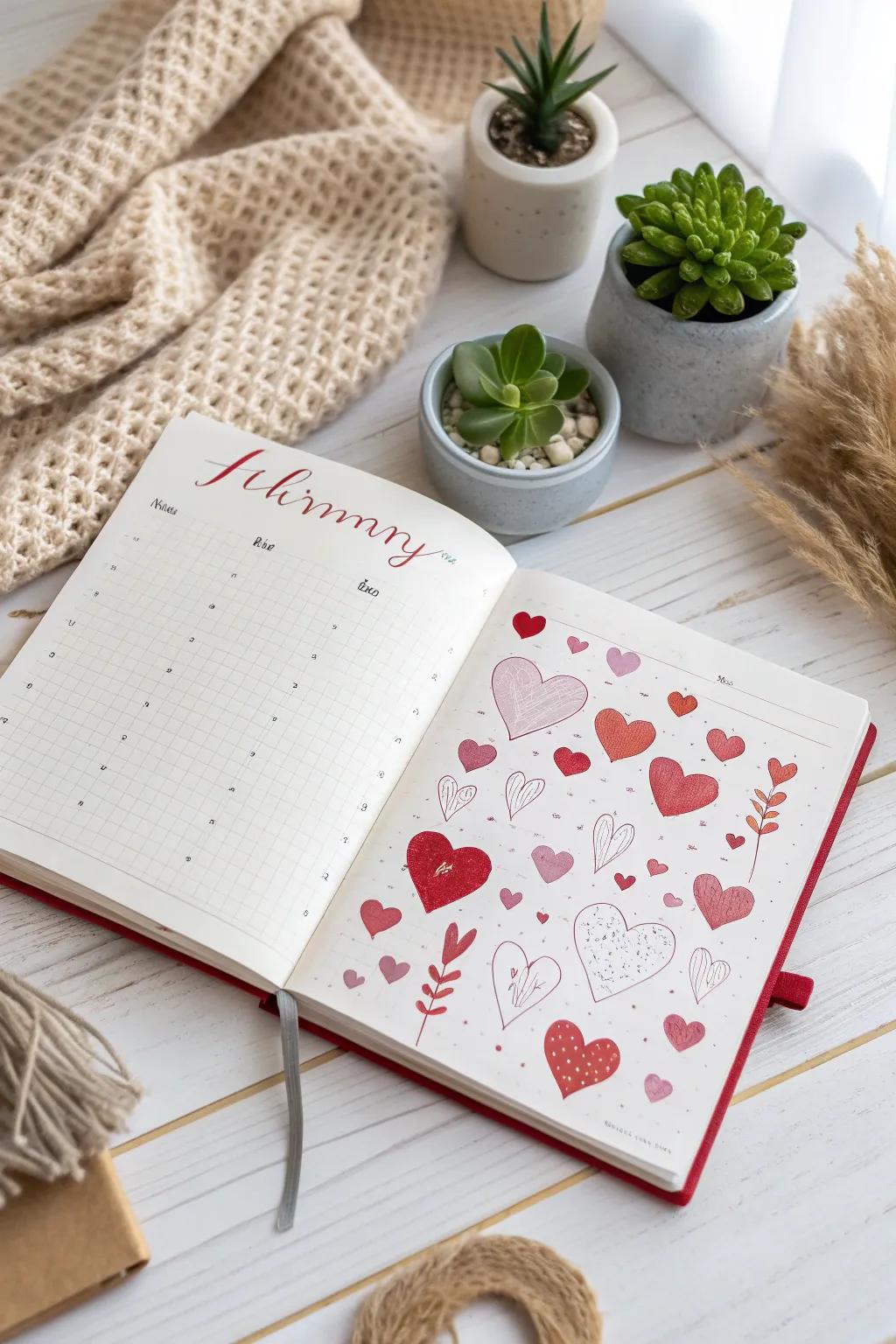 Capture love in every page with this heart-themed February bullet journal spread. #BulletJournal #MinimalistDesign #ValentineVibes