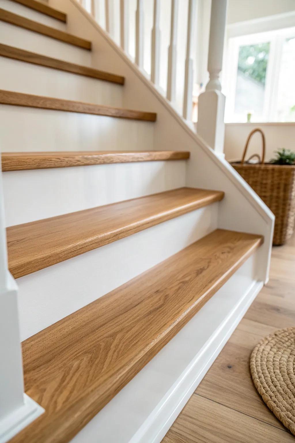 Classic two-tone stairs: natural wood treads with crisp white risers for a bright custom look.