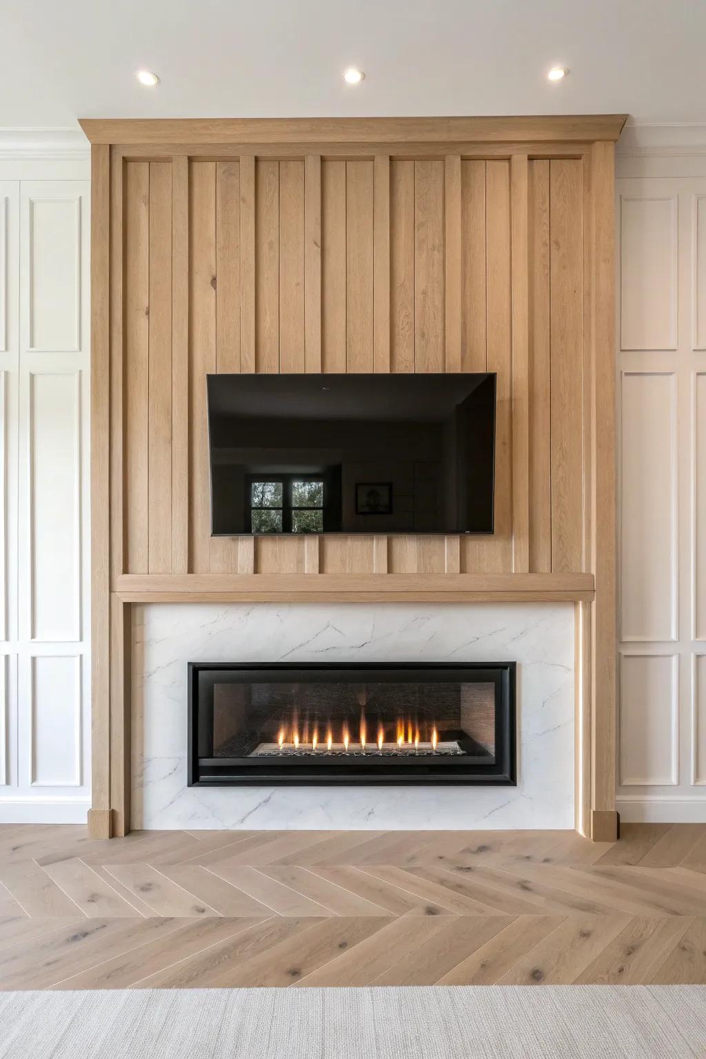 Floor-to-ceiling oak fireplace bump-out makes a linear electric insert look built-in and timeless.