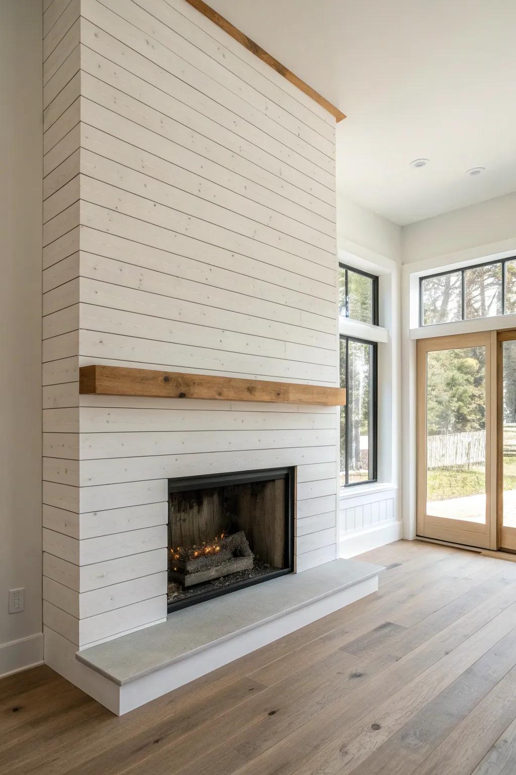 Floor-to-ceiling shiplap and a simple oak mantel make this fireplace feel taller and calm.