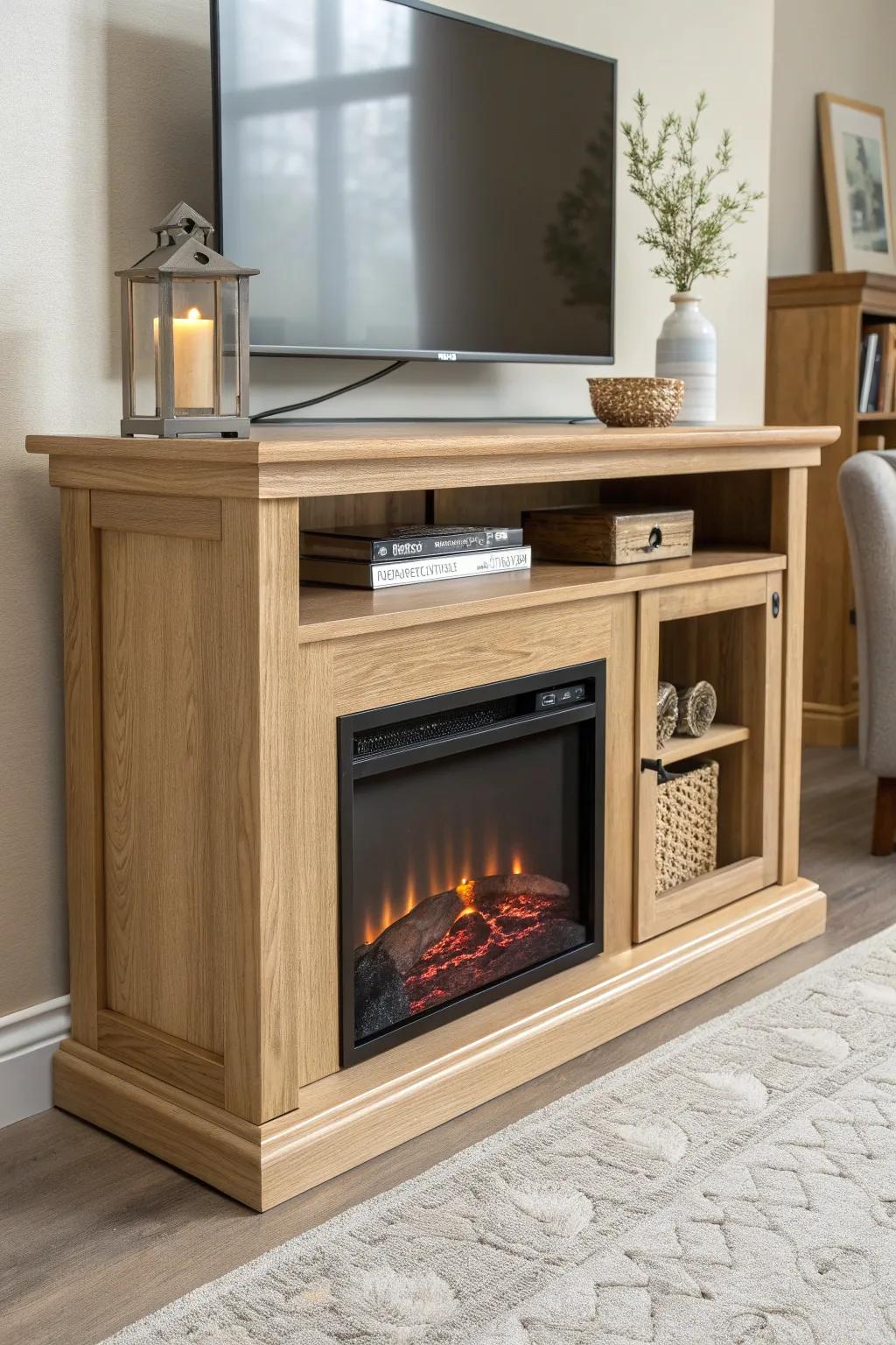 A classic mantel-style fireplace console in natural oak—minimal trim, cozy glow, timeless anchor.