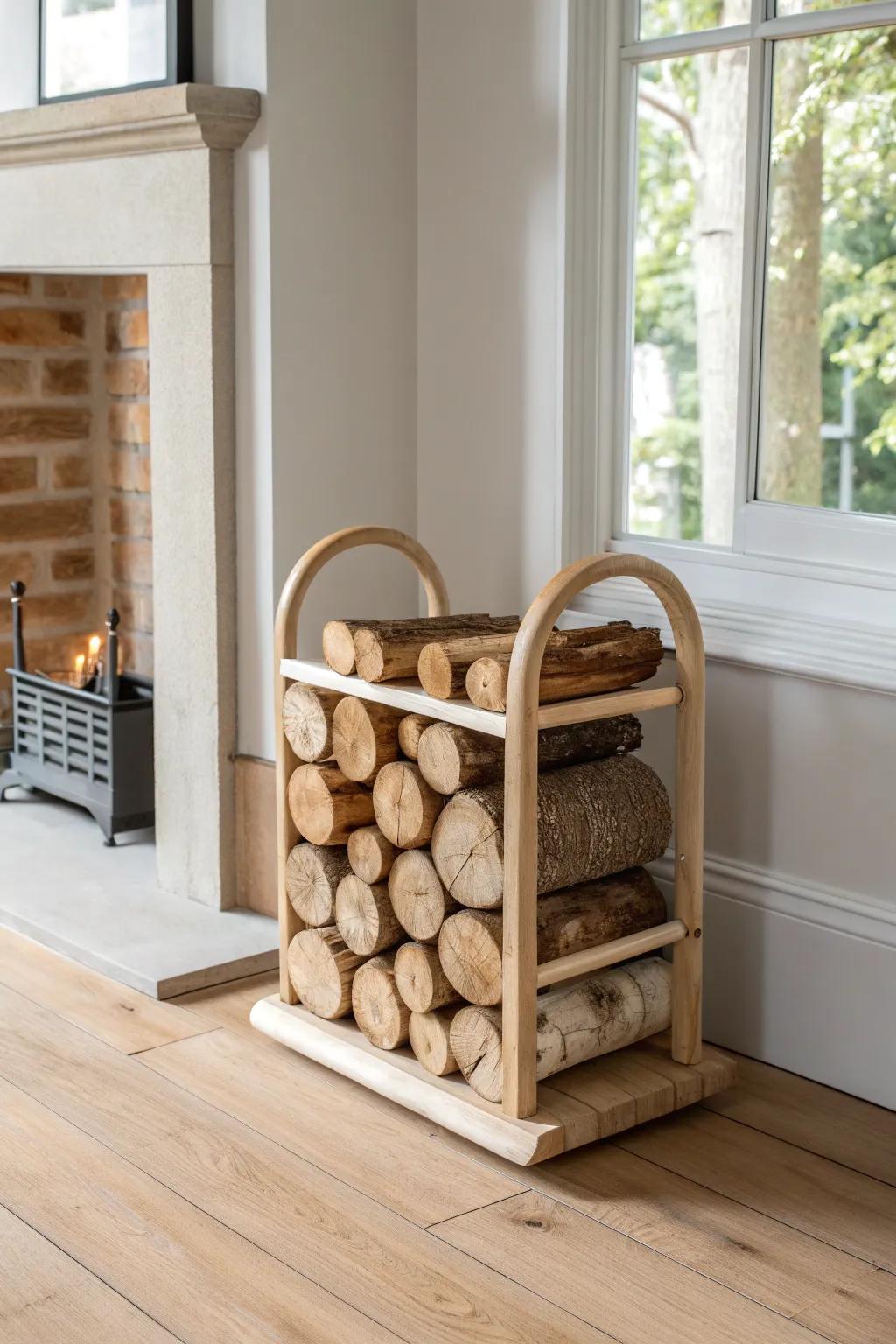 A simple floor log rack by the hearth—clean lines, warm birch ends, and tidy storage.
