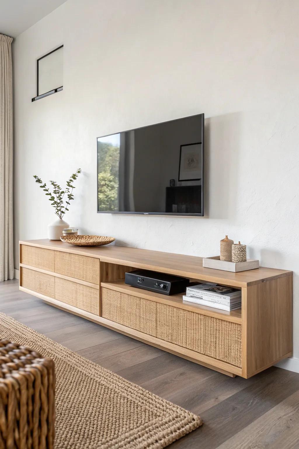 Sleek floating oak console with flat fronts and a crisp shadow gap for calm TV-wall style.