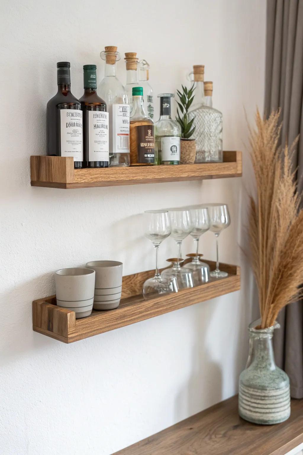 Classic two-tier floating shelf bar: warm oak, clean lines, bottles above, glasses below.