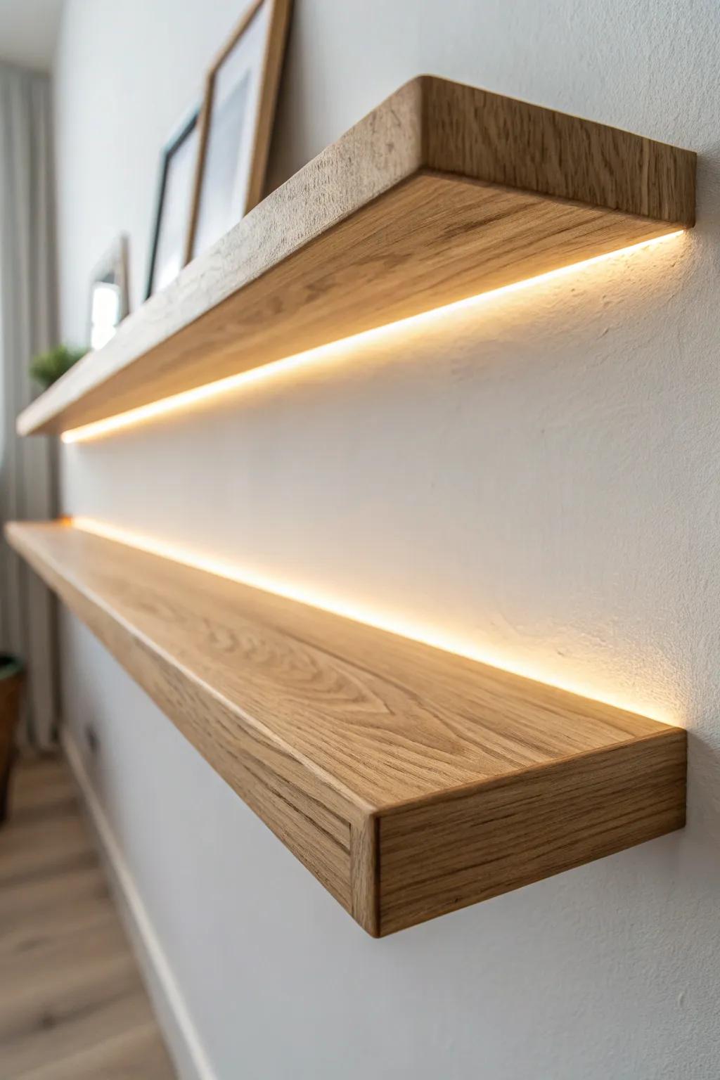 A warm LED strip under a floating oak shelf creates a soft glow that makes styling feel effortless.