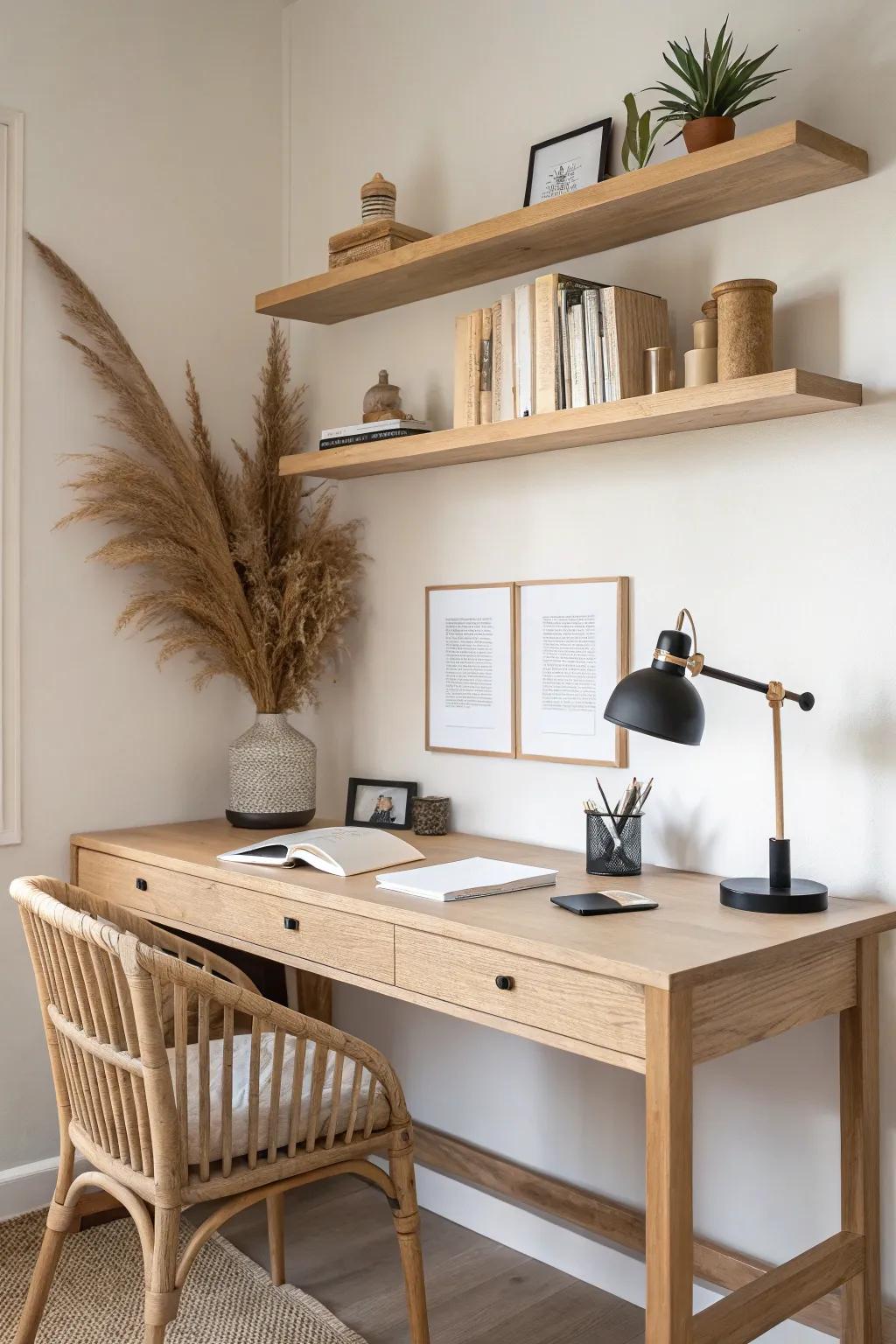 Classic floating shelves above the desk—daily essentials close by, workspace stays clear.