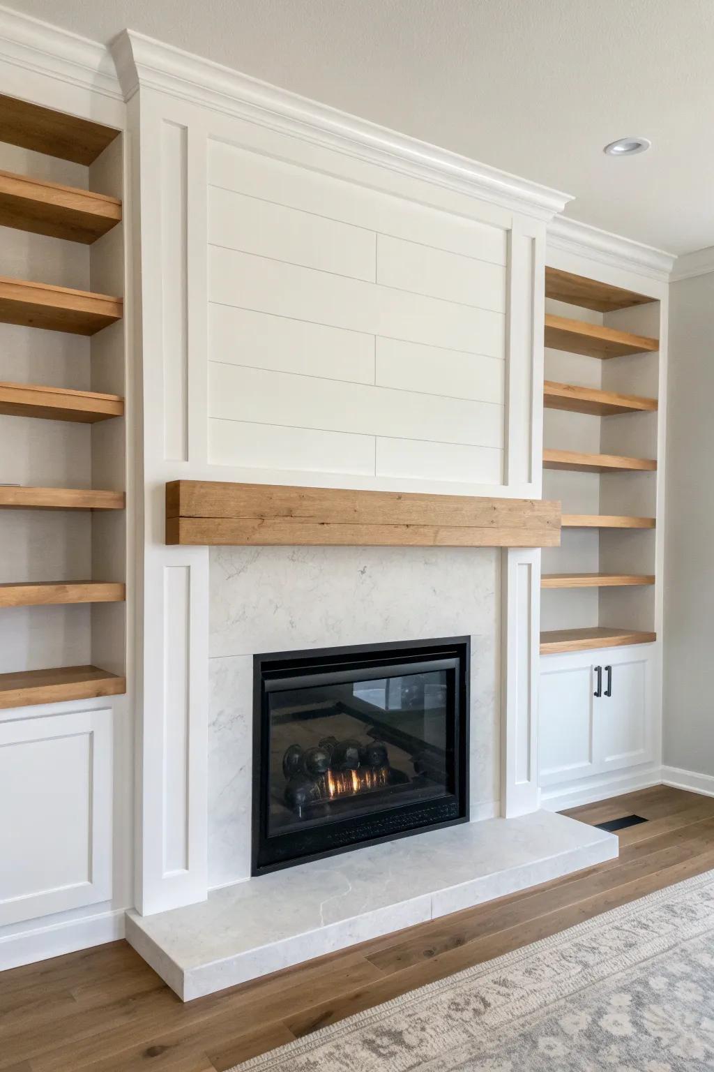 Balanced calm: twin oak floating shelves framing the fireplace in soft Scandi-boho style.