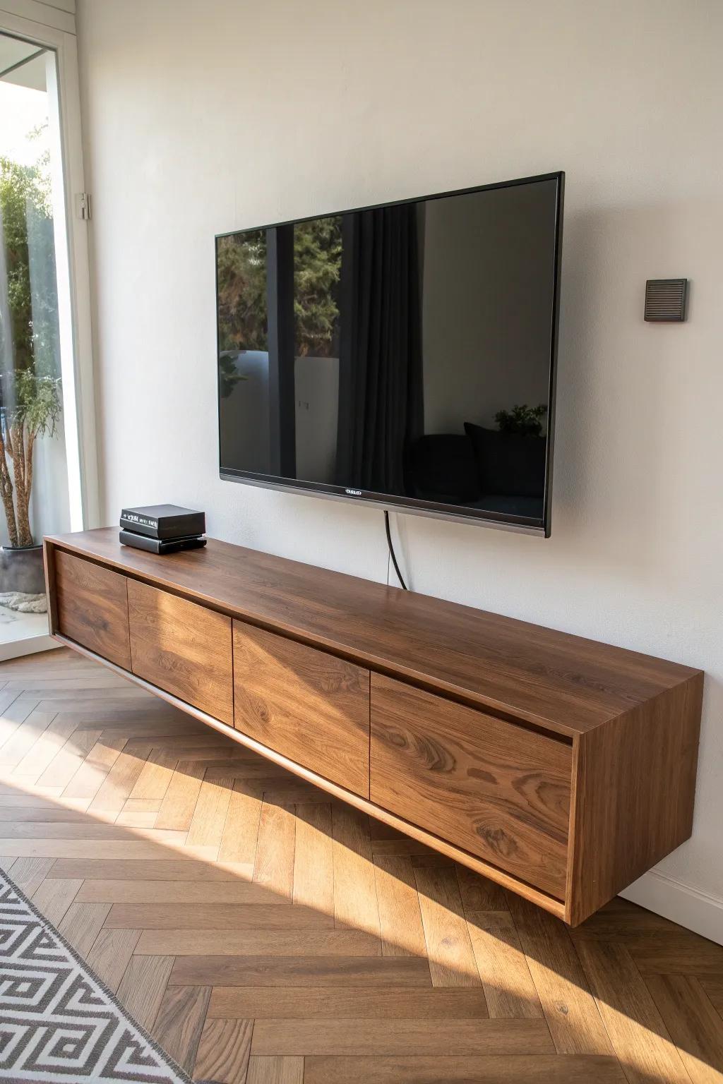 Sleek walnut slab floating TV stand—clean lines, invisible cleat, and airy minimal style.
