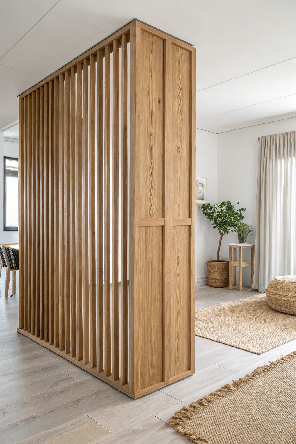 Light oak vertical slat divider—airy separation with beautiful shadow stripes and clean lines.
