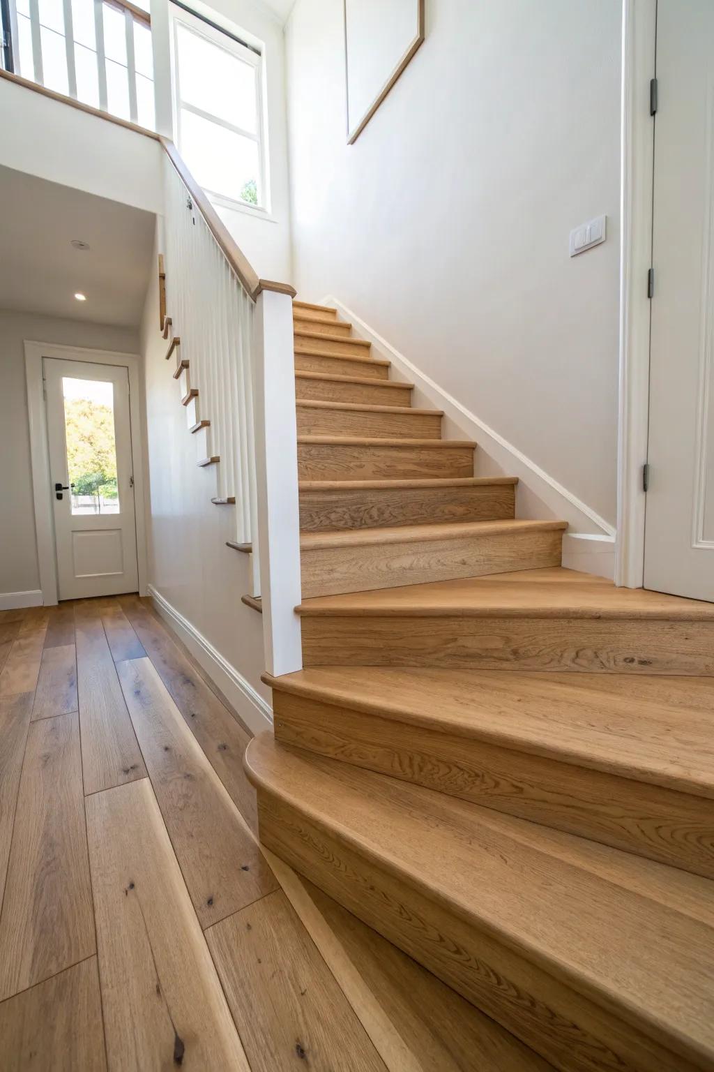 Seamless hardwood from landing to treads creates a calm, high-end flow with timeless warmth.