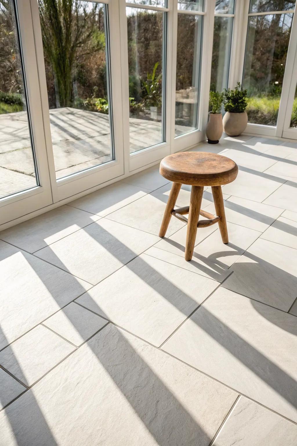 Warm-white porcelain tile and a handcrafted oak stool—Florida room floors that stay bright and calm.