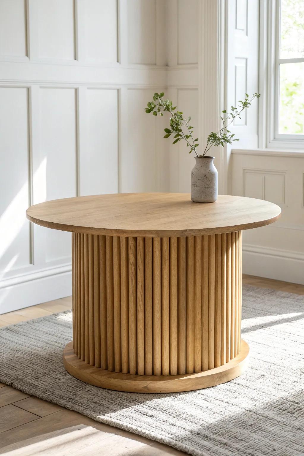 Classic round fluted drum table in light oak—timeless texture with clean Scandinavian calm.