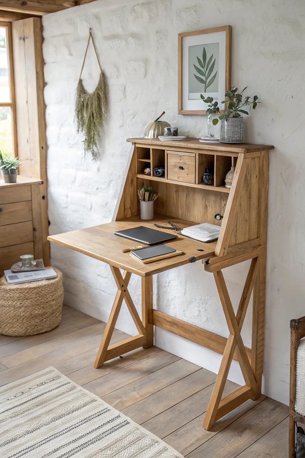 A classic drop-leaf wall desk in reclaimed wood—folds away cleanly, opens beautifully.
