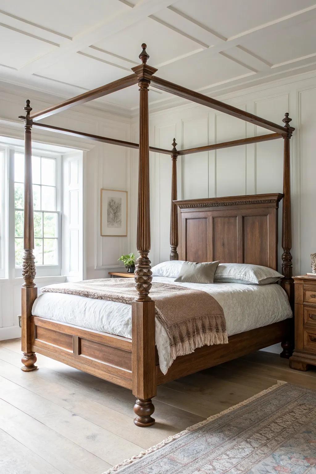 A classic stained wood four-poster bed that brings grand, timeless elegance with minimal styling.