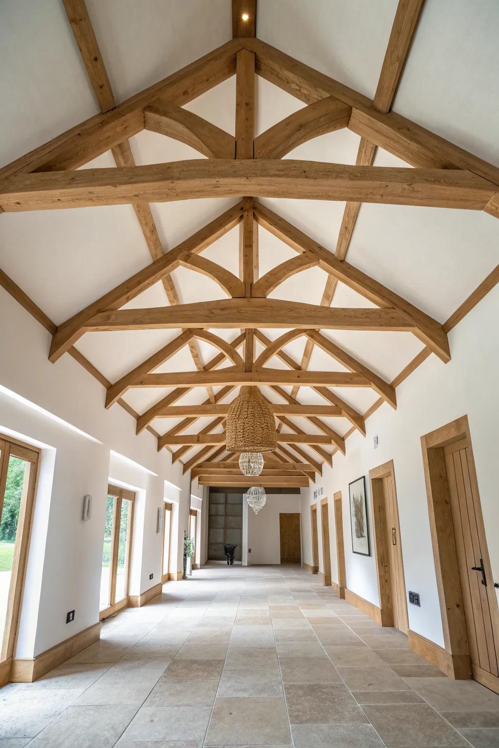 Warm stained oak beams add instant character and grounding charm to a tall foyer ceiling.