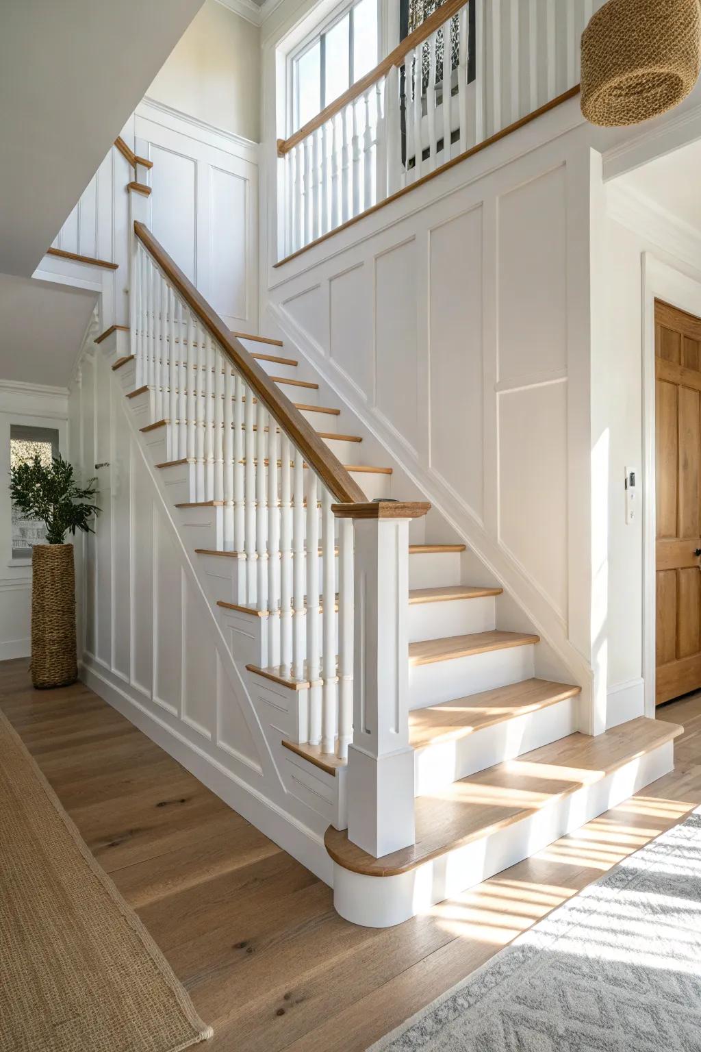 Board and batten on the stair wall adds instant farmhouse charm with clean, crafted texture.