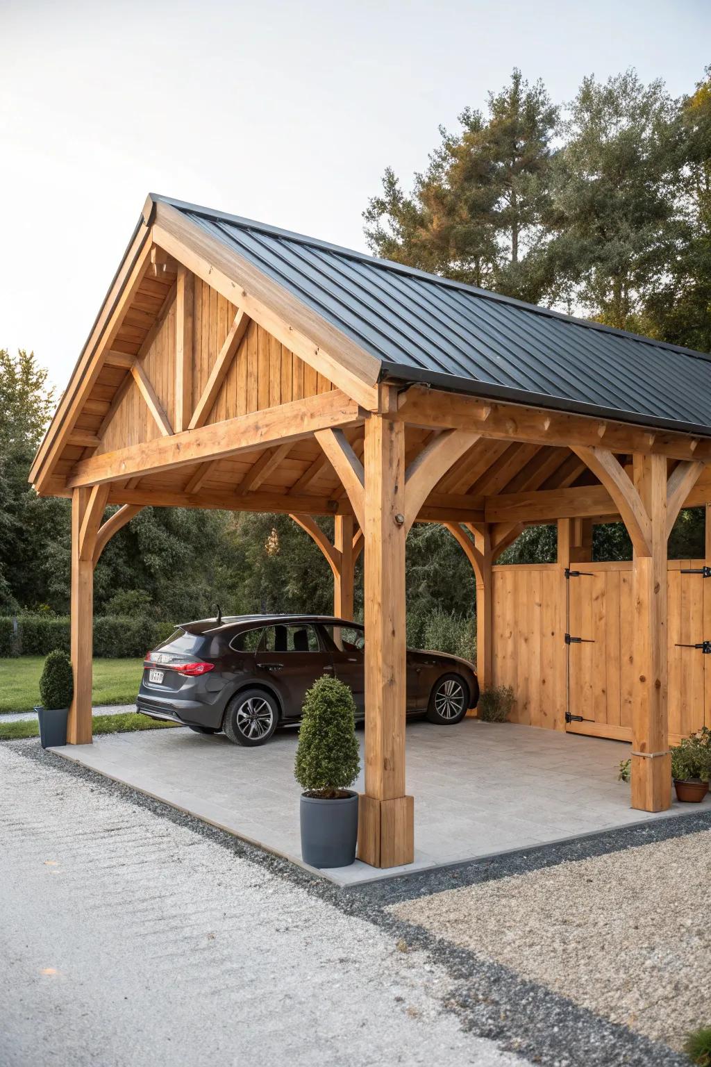 Classic gable timber-frame carport—chunky posts, knee braces, and a sleek metal roof.