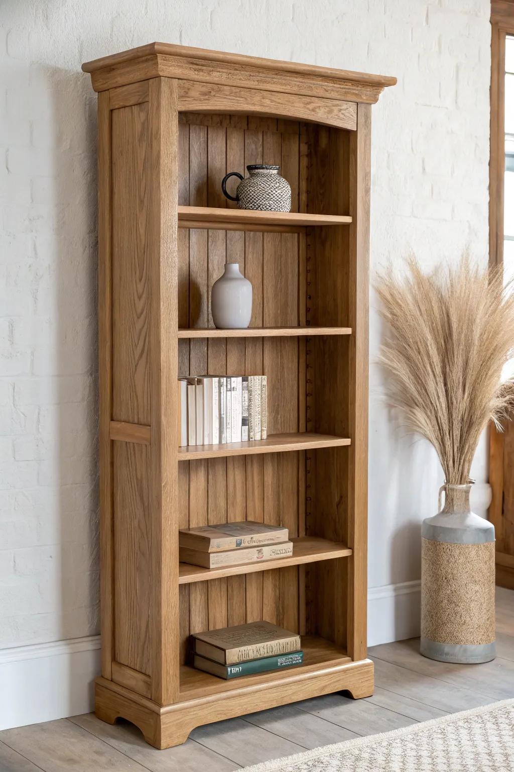 Classic tall bookcase shelf—clean lines, light oak warmth, and a subtle overhang detail.