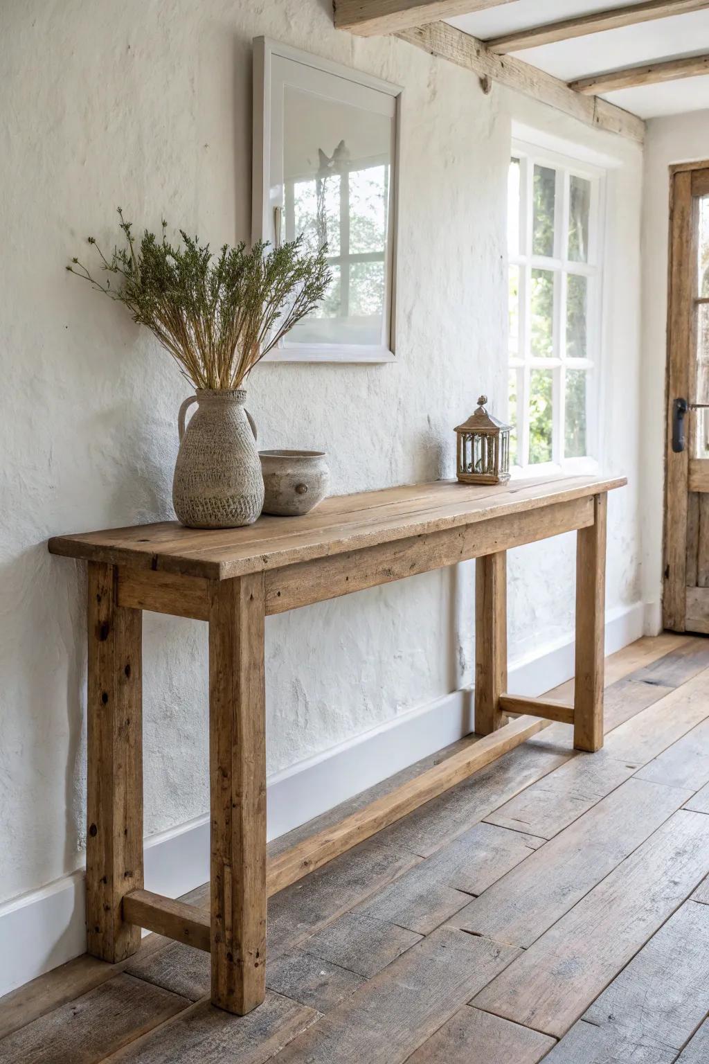 A slim distressed wood console brings effortless French country charm—grain, patina, and poise.