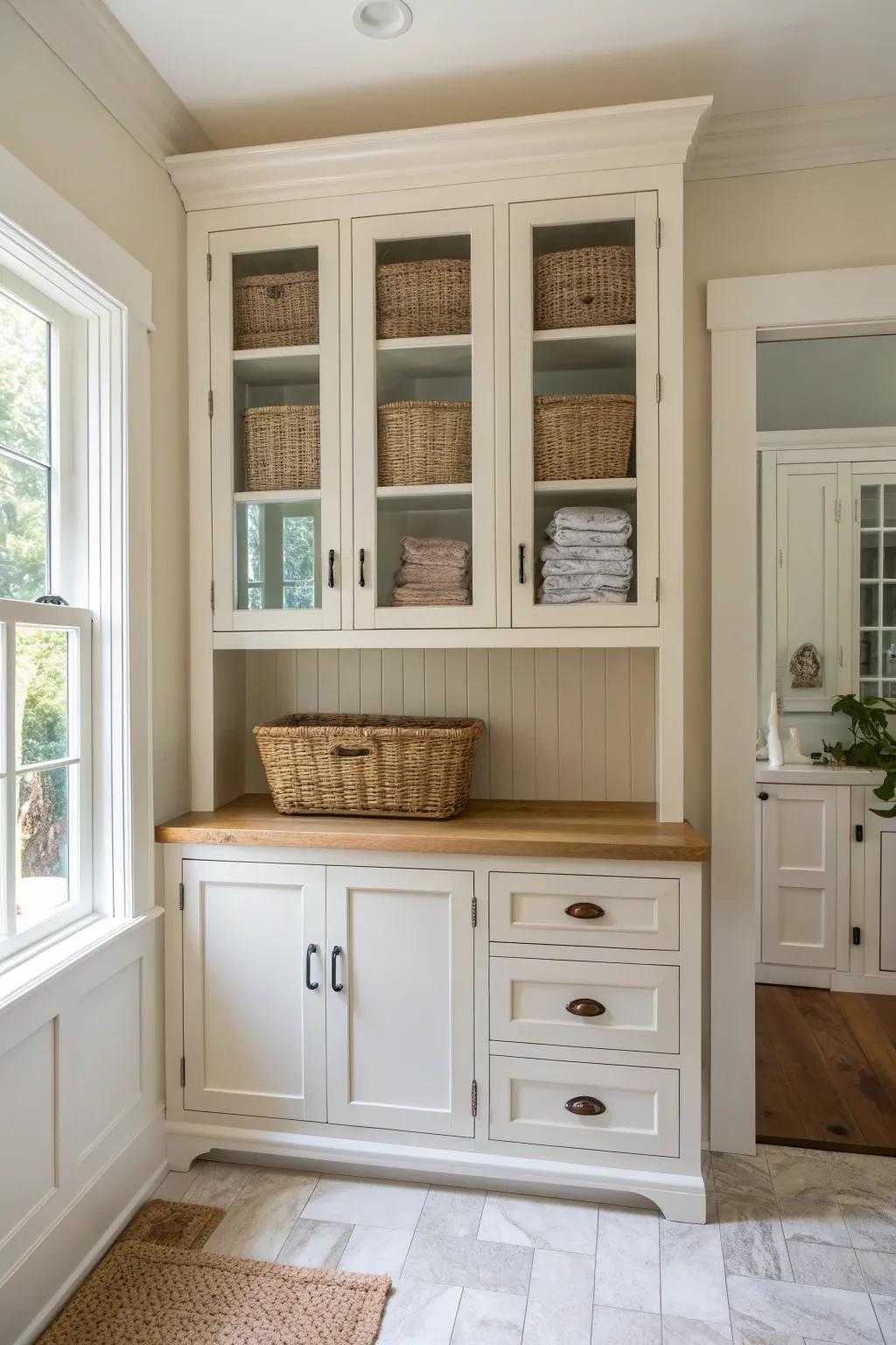 Creamy Shaker built-ins with glass uppers and vintage brass pulls for French country charm.