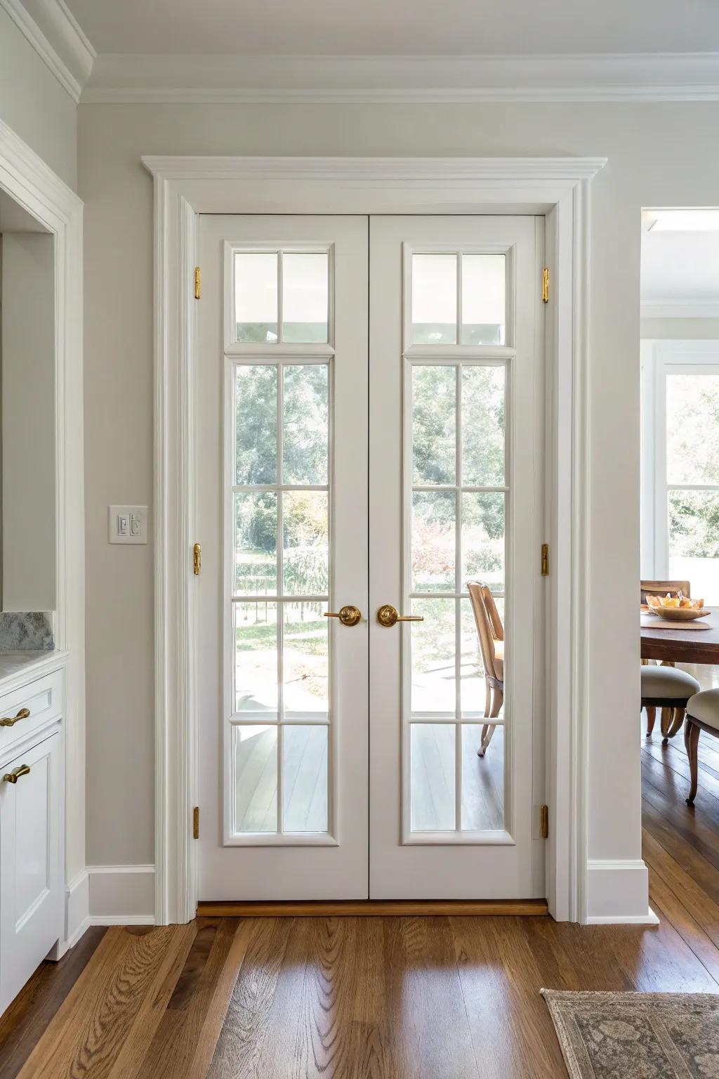 Crisp white French doors that melt into the trim and brighten warm wood floors.