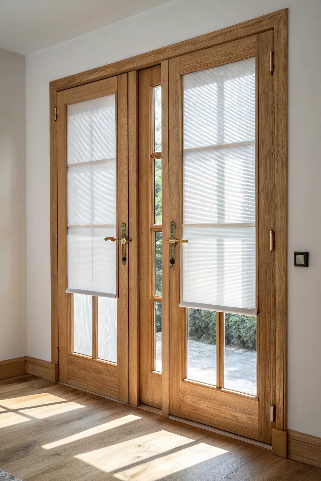 Door-mounted cellular shades on French doors—clean, snug to the glass, and sway-free.