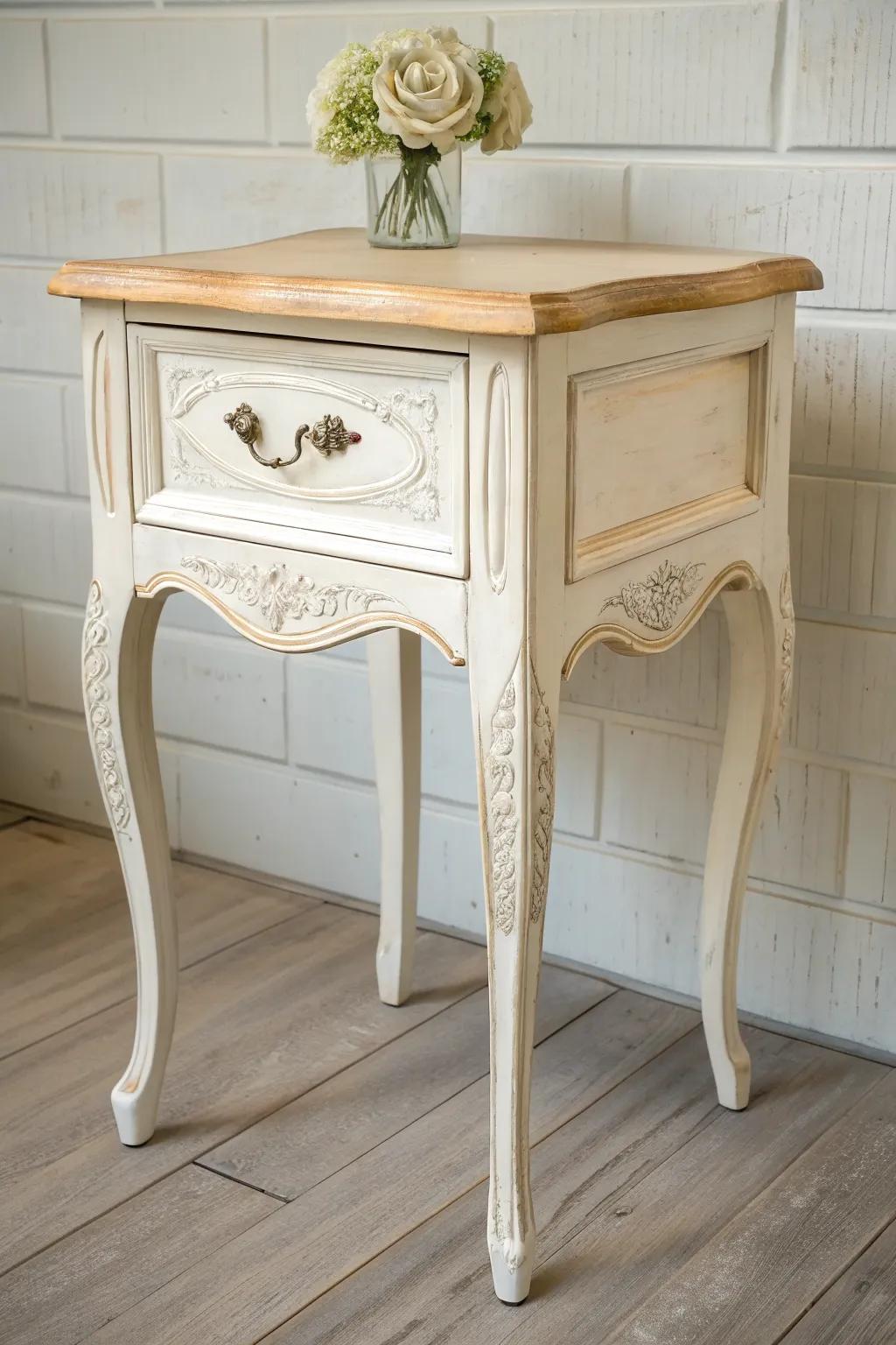 Creamy white French‑provincial bedside table with a hint of sage for an airy, soft look.